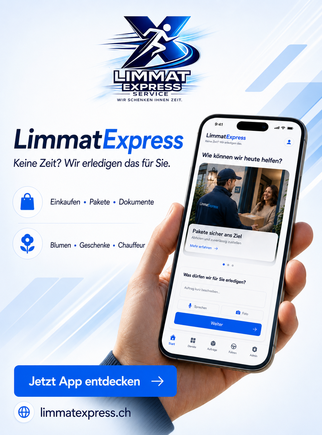 Limmat Express App auf dem iPhone – Einkaufen, Pakete, Dokumente, Blumen, Geschenke und Chauffeur bestellen