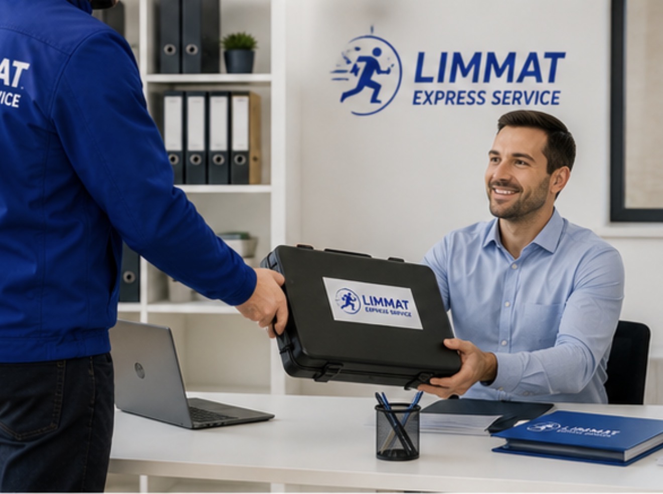 Ein Kurier von Limmat Express übergibt ein Dokumenten-Case.