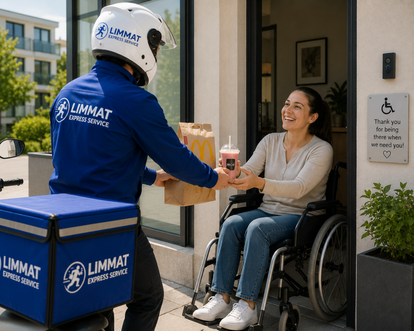 Limmat Express bringt einer Kundin im Rollstuhl Essen und Getränke.